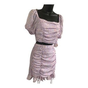 2pc lilac floral‎ smocked puff sleeve top & smocked skirt set size small new